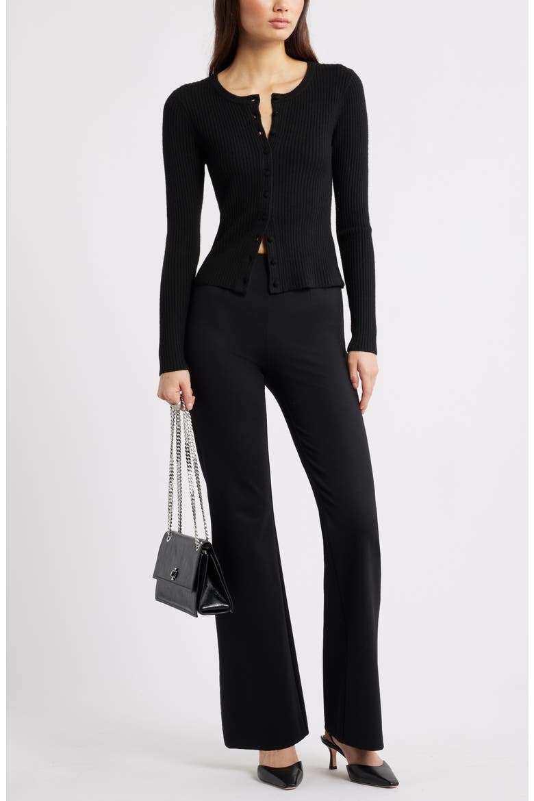 Ribbed Crewneck Cardigan, Alternate, color, BLACK