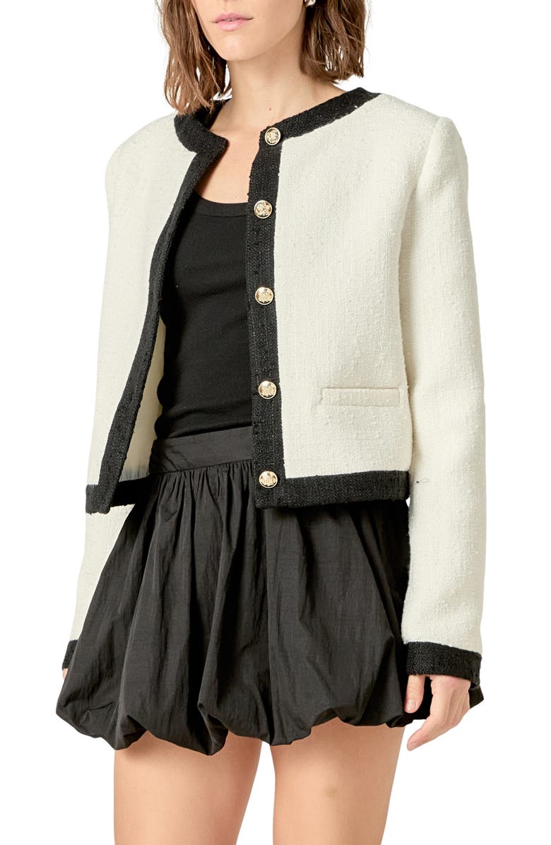 English Factory Collarless Tweed Jacket, Alternate, color, White/ Black
