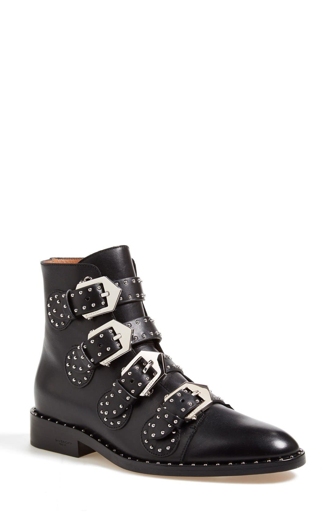 Prue Studded Buckle Bootie, Main, color, BLACK LEATHER