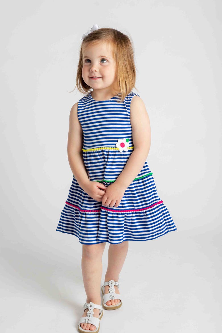 Stripe Knit Dress With Pom Poms & Flowers, Alternate, color, Blue/White