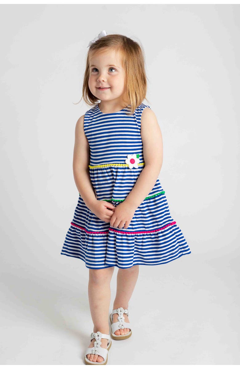 Florence Eiseman Stripe Knit Dress With Pom Poms & Flowers, Alternate, color, Blue/White
