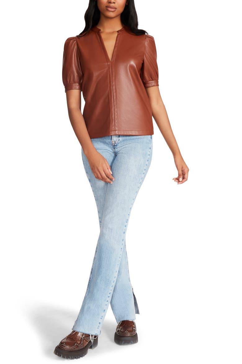 Jane Puff Sleeve Faux Leather Top, Alternate, color, COGNAC