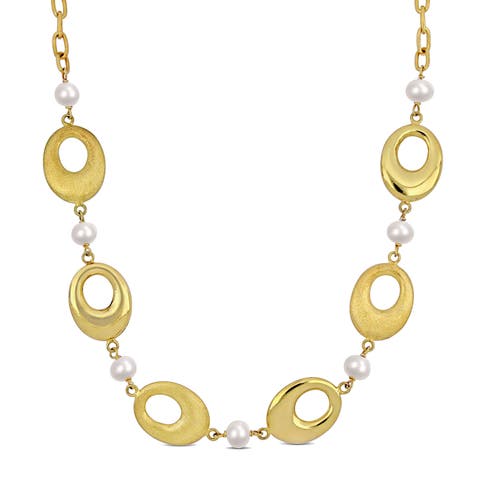 Cultured Pearl Oval Disc Station Necklace