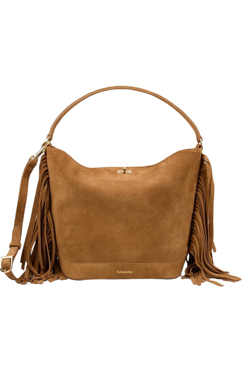 SANDRO TANGOSO fringed suede bucket bag, Main, color, Camel