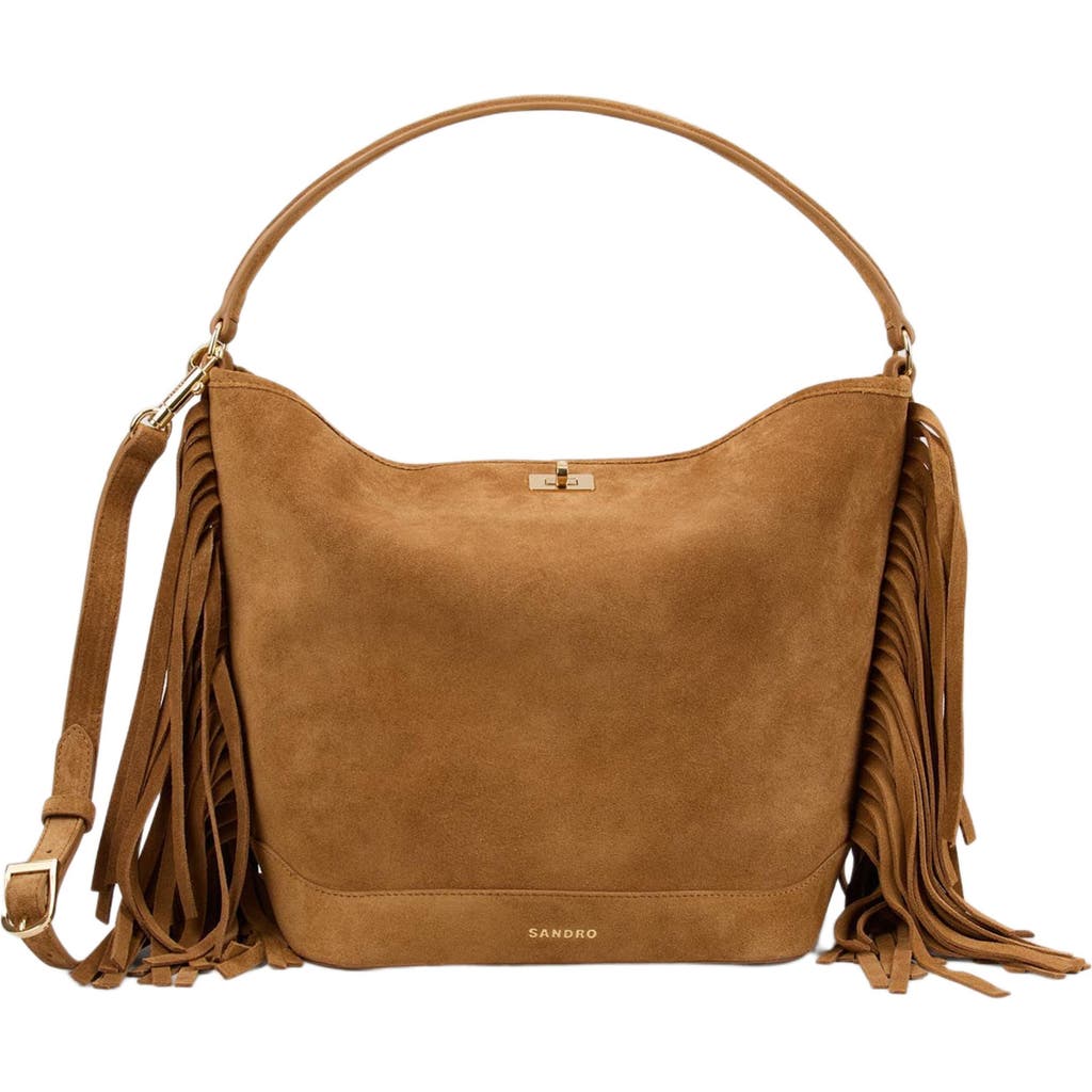Sandro Fringed Suede Bucket Bag Tangoso In Brown