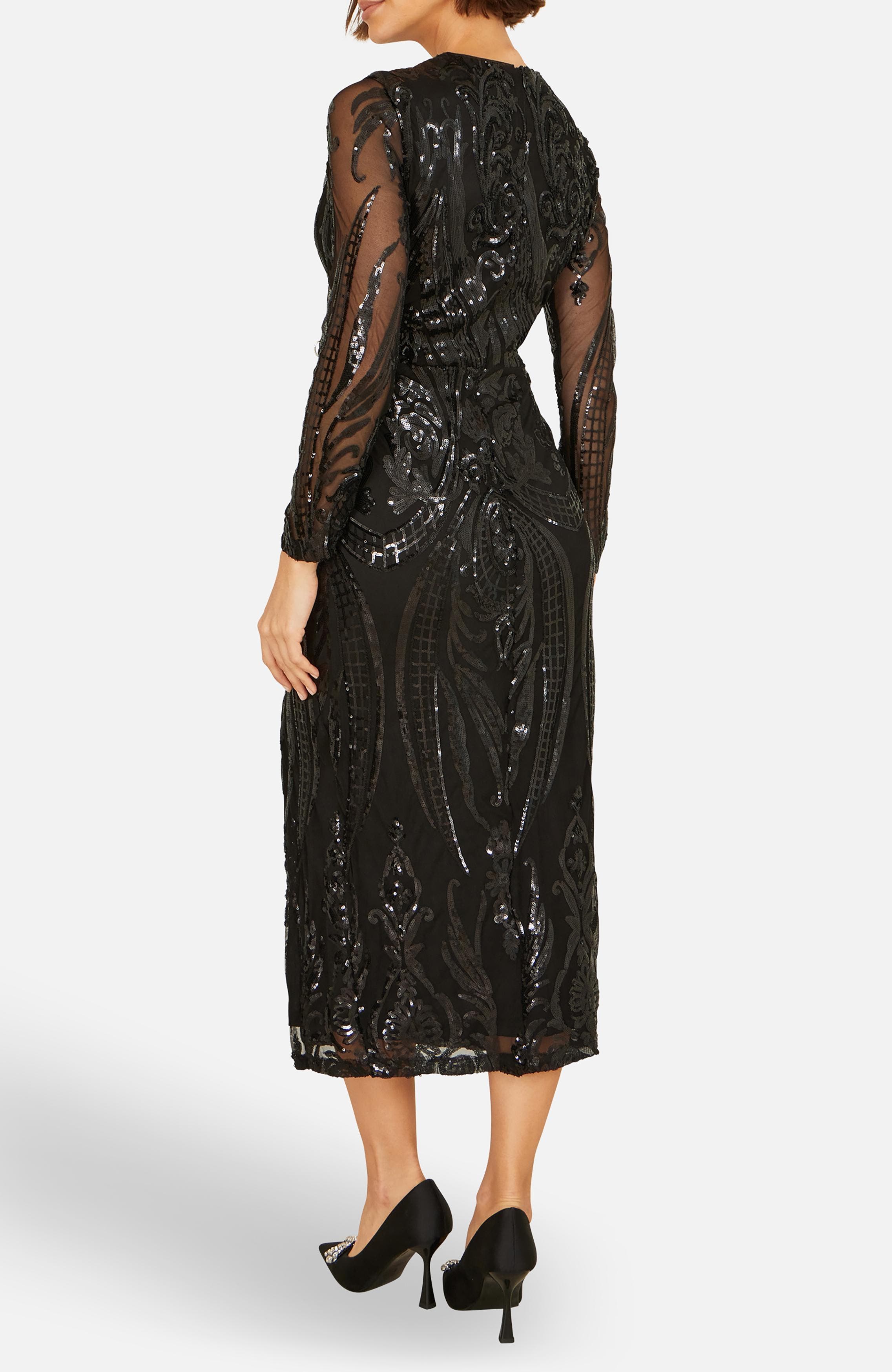 sequin dress long sleeve midi Mac Duggal Blouson Sleeve Sequined Surplice Midi Dress Nude, Size 4