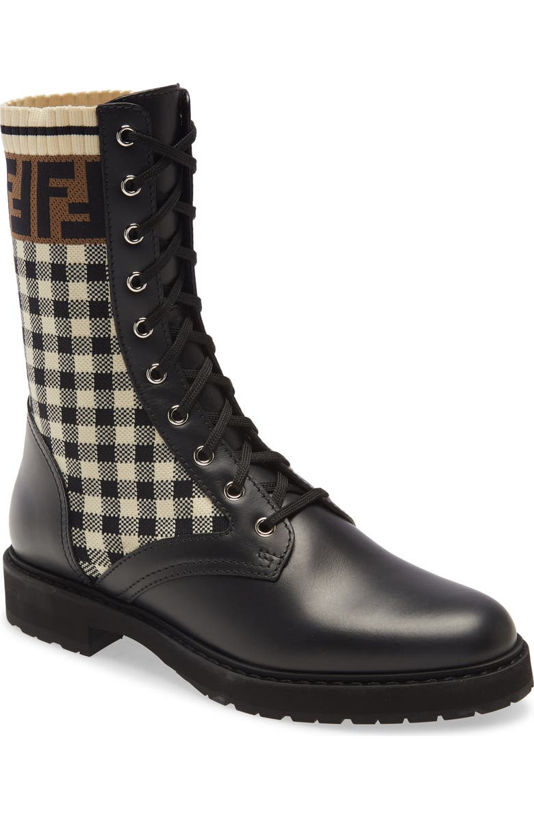 Fendi FF Gingham Sock Lace Up Boot, Main, color,