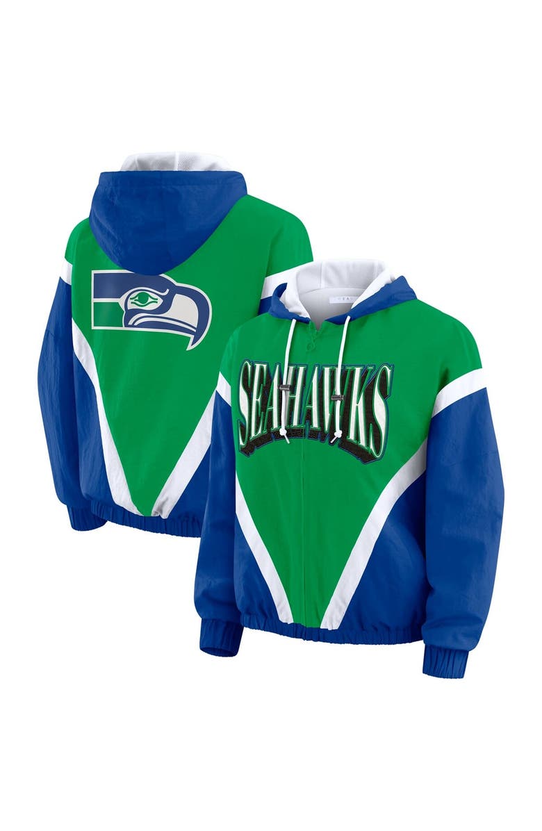 WEAR by Erin Andrews Women's WEAR by Erin Andrews Green/Royal Seattle Seahawks Retro Crinkle Full-Zip Hoodie Windbreaker, Main, color, Green