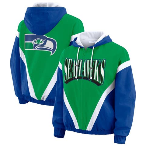 Women's WEAR by Erin Andrews Green/Royal Seattle Seahawks Retro Crinkle Full-Zip Hoodie Windbreaker