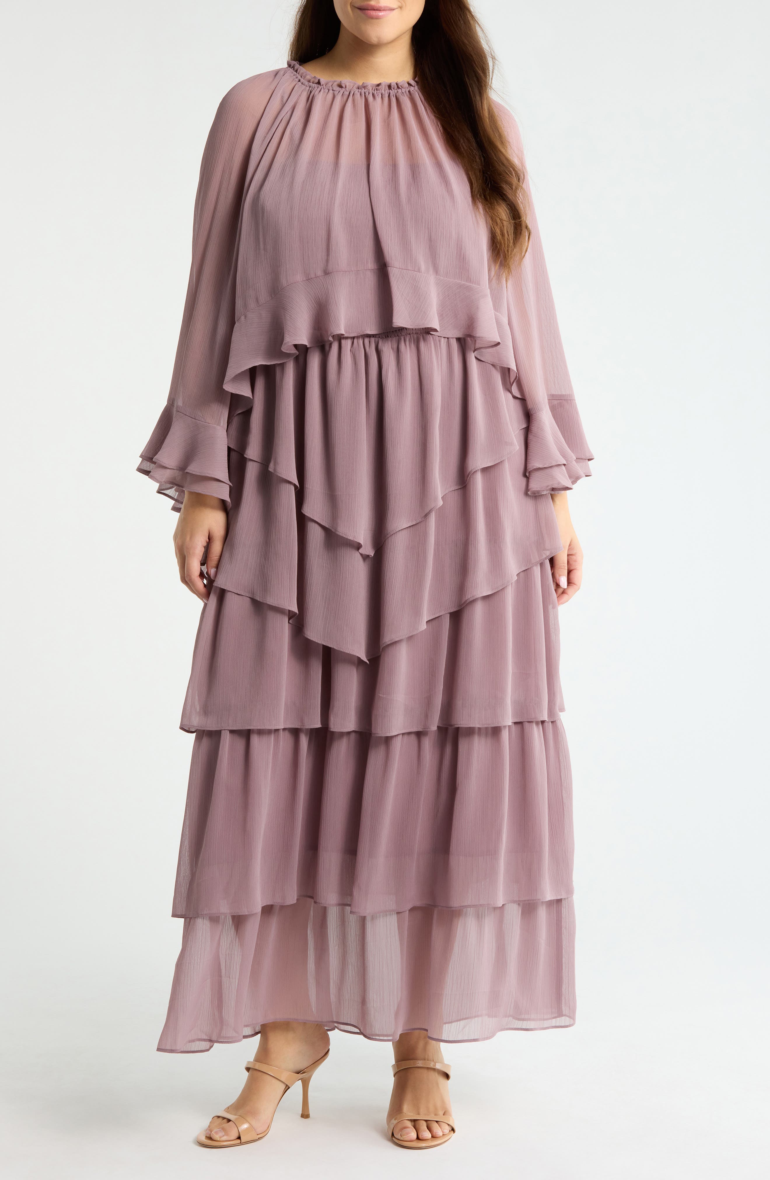 Tiered Ruffle Chiffon Cape Dress