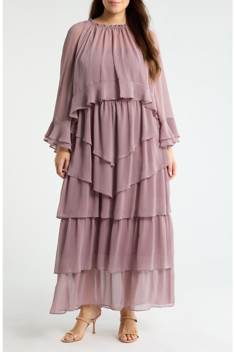 Tiered Ruffle Chiffon Cape Dress, Main, color, MAUVE