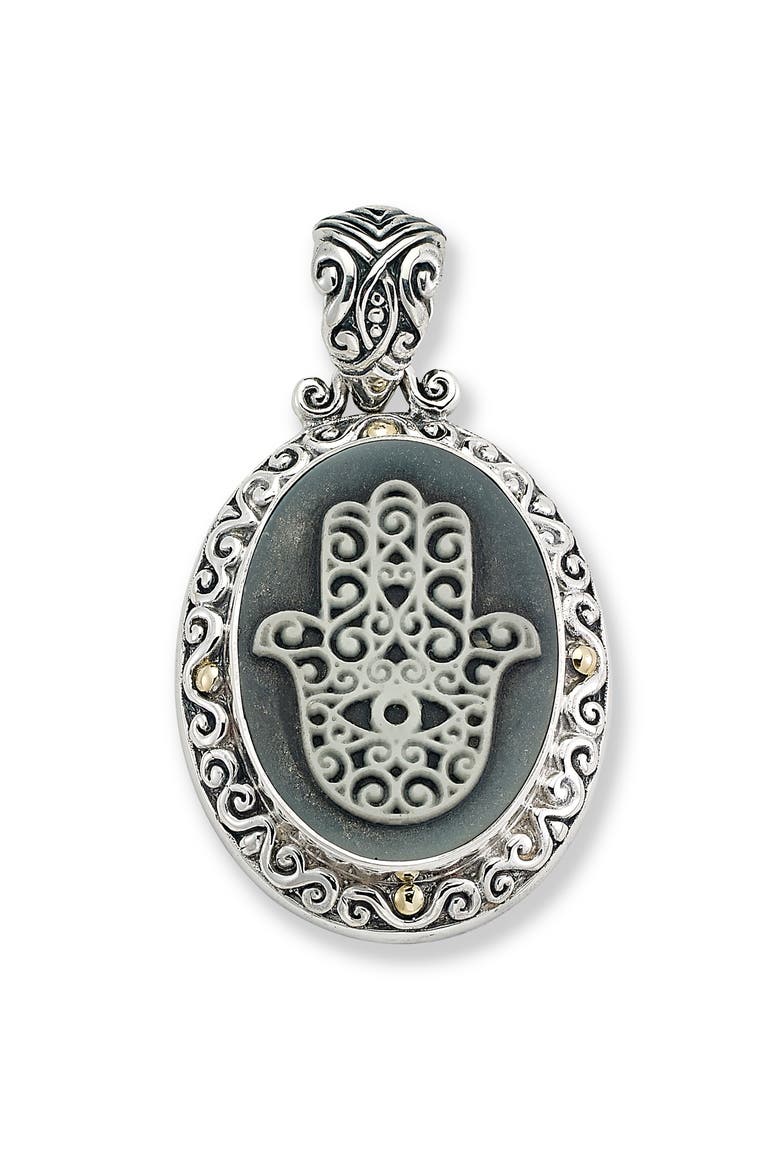 Sterling Silver & 18K Gold Agate Hamsa Pendant, Main, color, SILVER