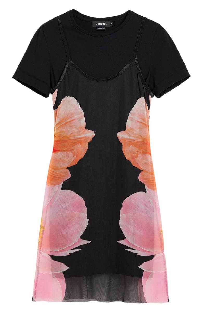 Desigual Floral Print Short Sleeve Minidress, Alternate, color, Black