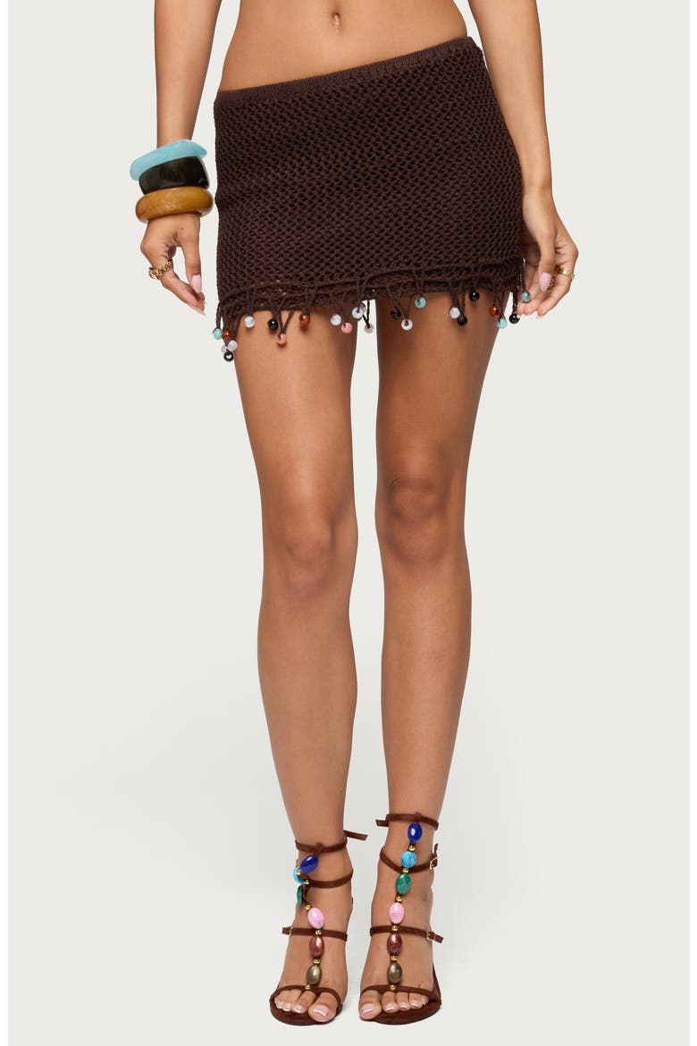 Zeinab Bead Fringe Knit Miniskirt, Main, color, BROWN
