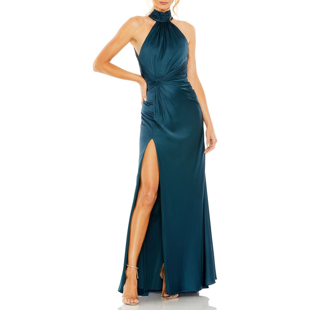 Mac Duggal Open Back High Neck Side Ruched Gown In Ocean