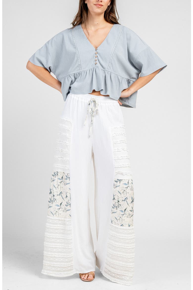 Crepon 3D Lace Mixed Media Wide Leg Pants, Alternate, color, CREAM