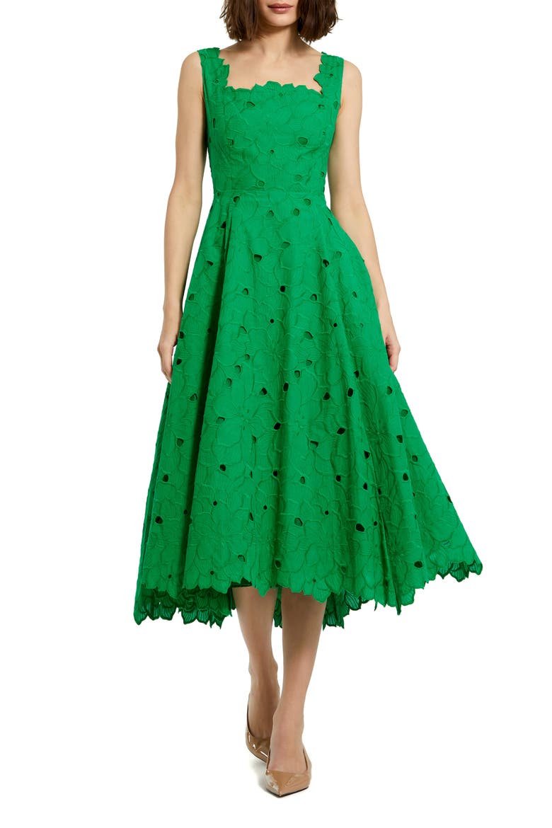 Embroidered Floral A Line Sleeveless Midi Dress, Main, color, Spring Green