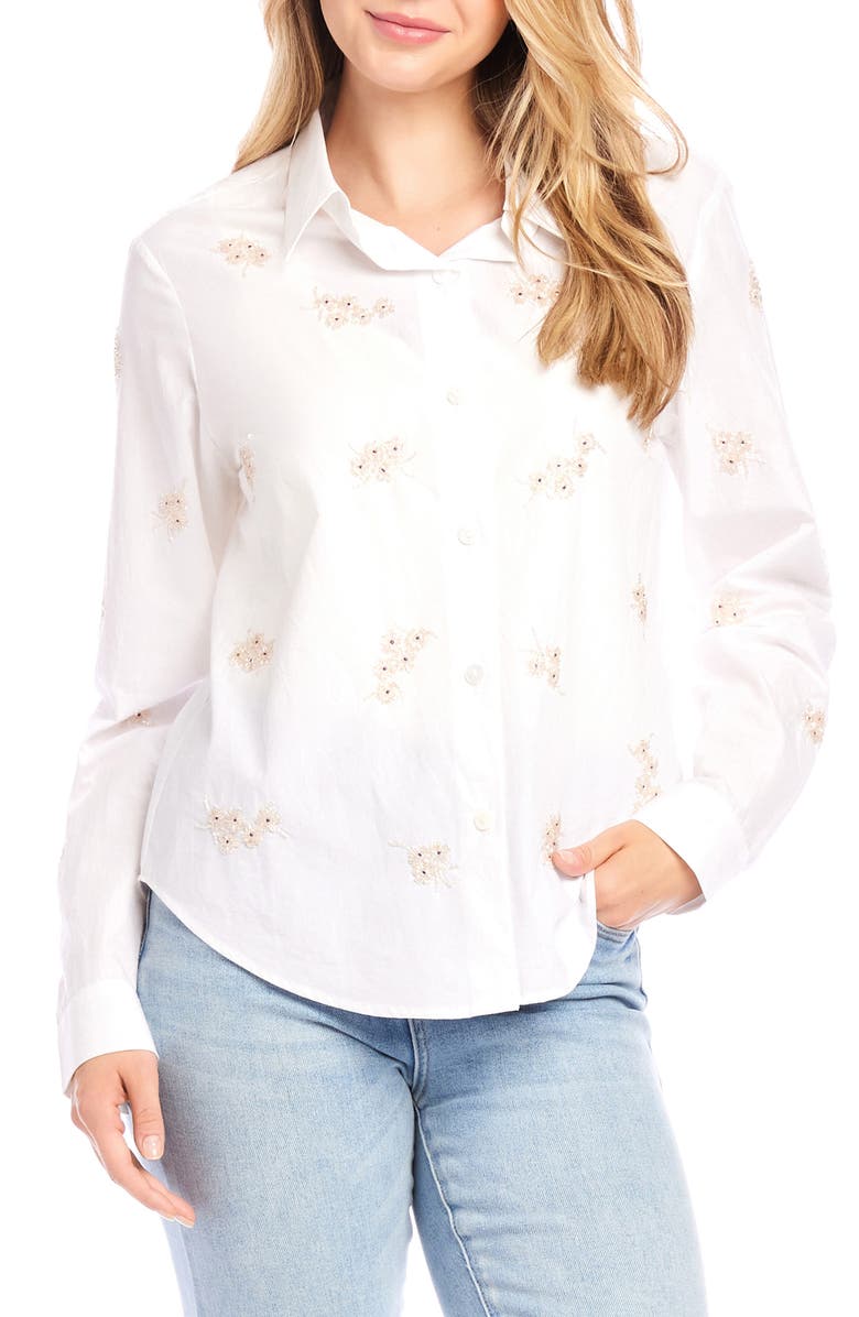 Karen Kane Floral Embellished Cotton Button-Up Shirt, Main, color,