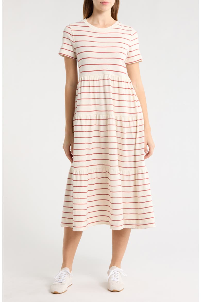 Luxe Stripe Tiered Sueded Cotton Dress, Main, color, WITHERED ROSE STRIPE