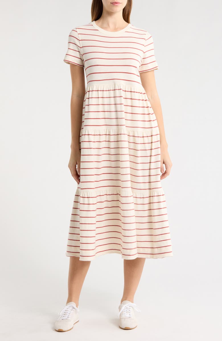 Marine Layer Luxe Stripe Tiered Sueded Cotton Dress, Main, color, Withered Rose Stripe