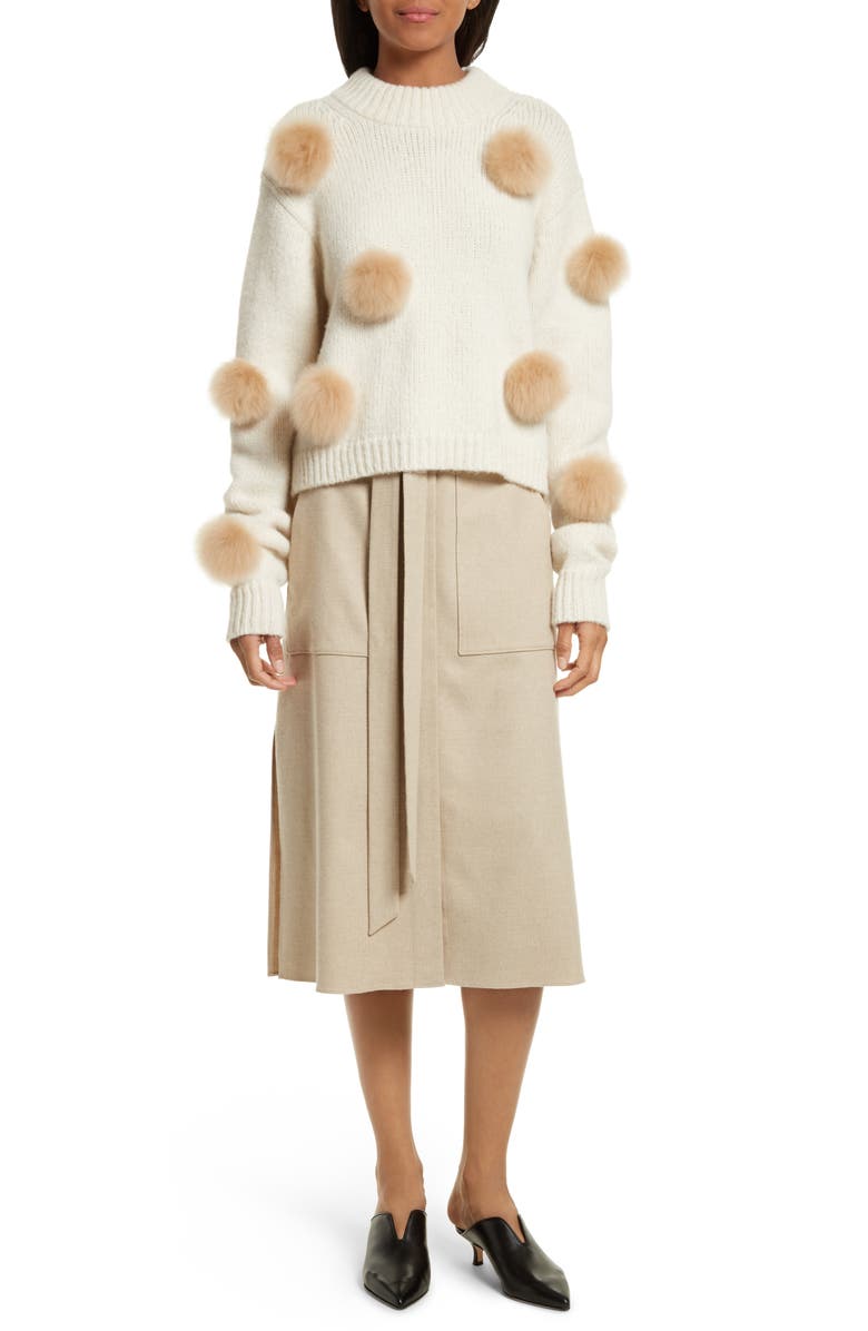 Tibi Genuine Alpaca Fur Trim Pompom Sweater, Alternate, color, 