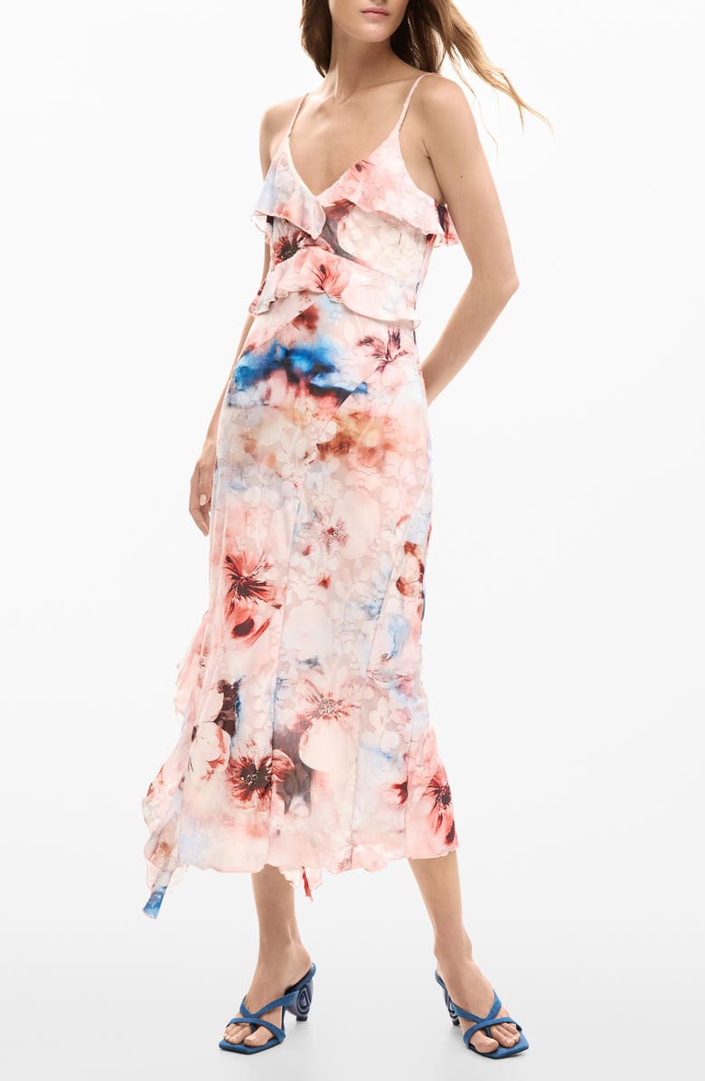 Desigual Floral Print Ruffle Dress, Main, color, Light Pink