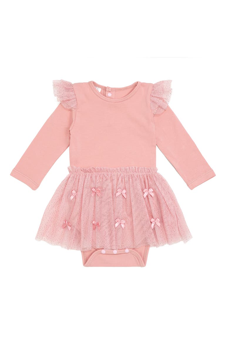 Satin Bow Long Sleeve Tutu Bodysuit (baby), Main, color, Pink