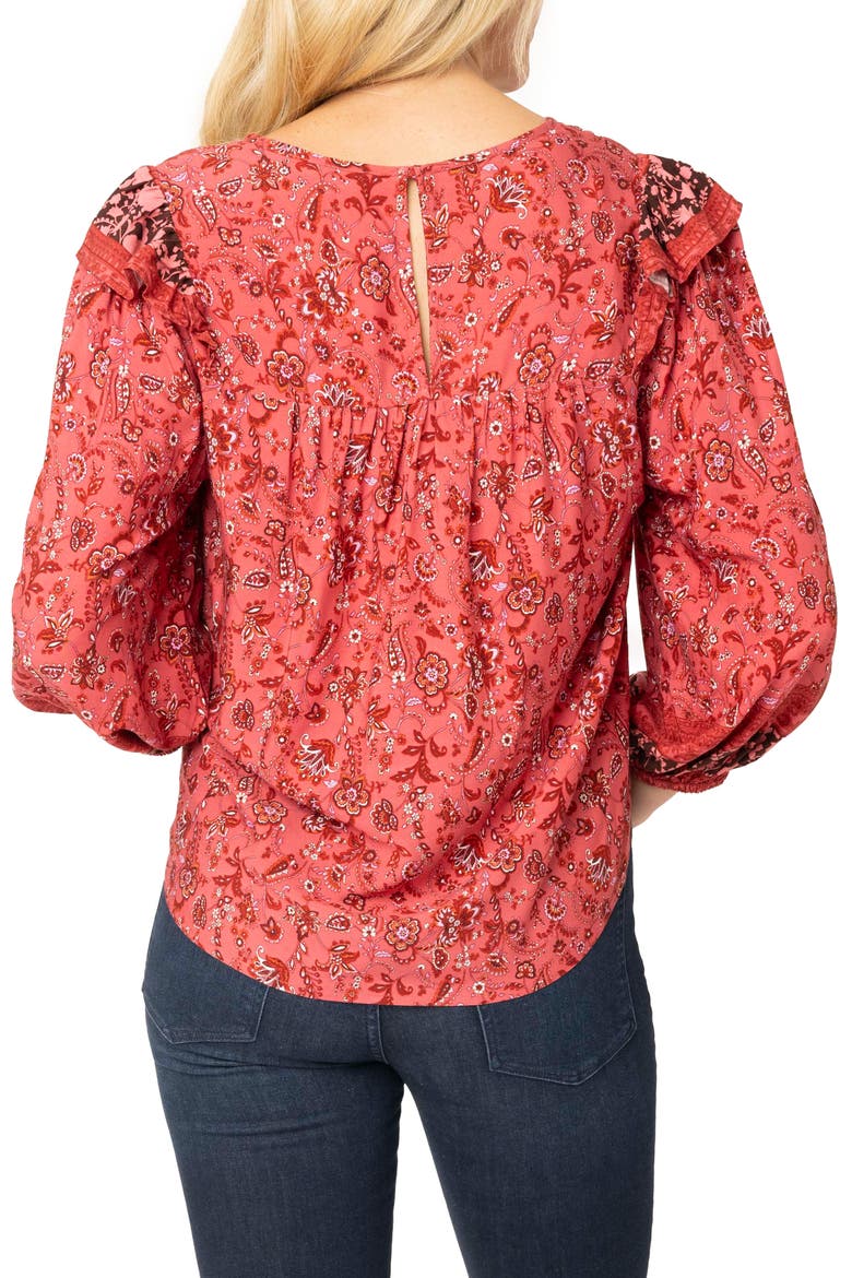 Harvest Moon Border Print Tie Neck Top, Alternate, color, BURGUNDY SPICE BORDER PRINT
