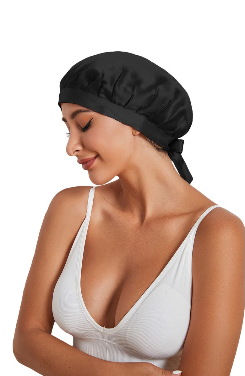 SILKSILKY Pure Silk Classic Ribbon Bonnet, Alternate, color, Black