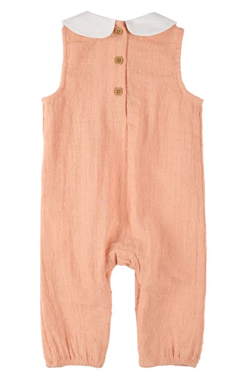 Firsts By Petit Lem Embroidered Collar Clip Dot Organic Cotton Gauze Romper In Coral