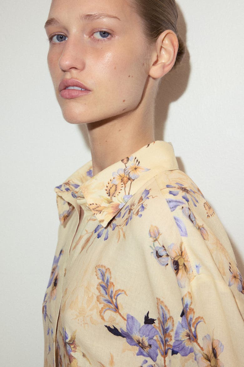 Oversized Linen-blend Shirt, Alternate, color, Light yellow/floral