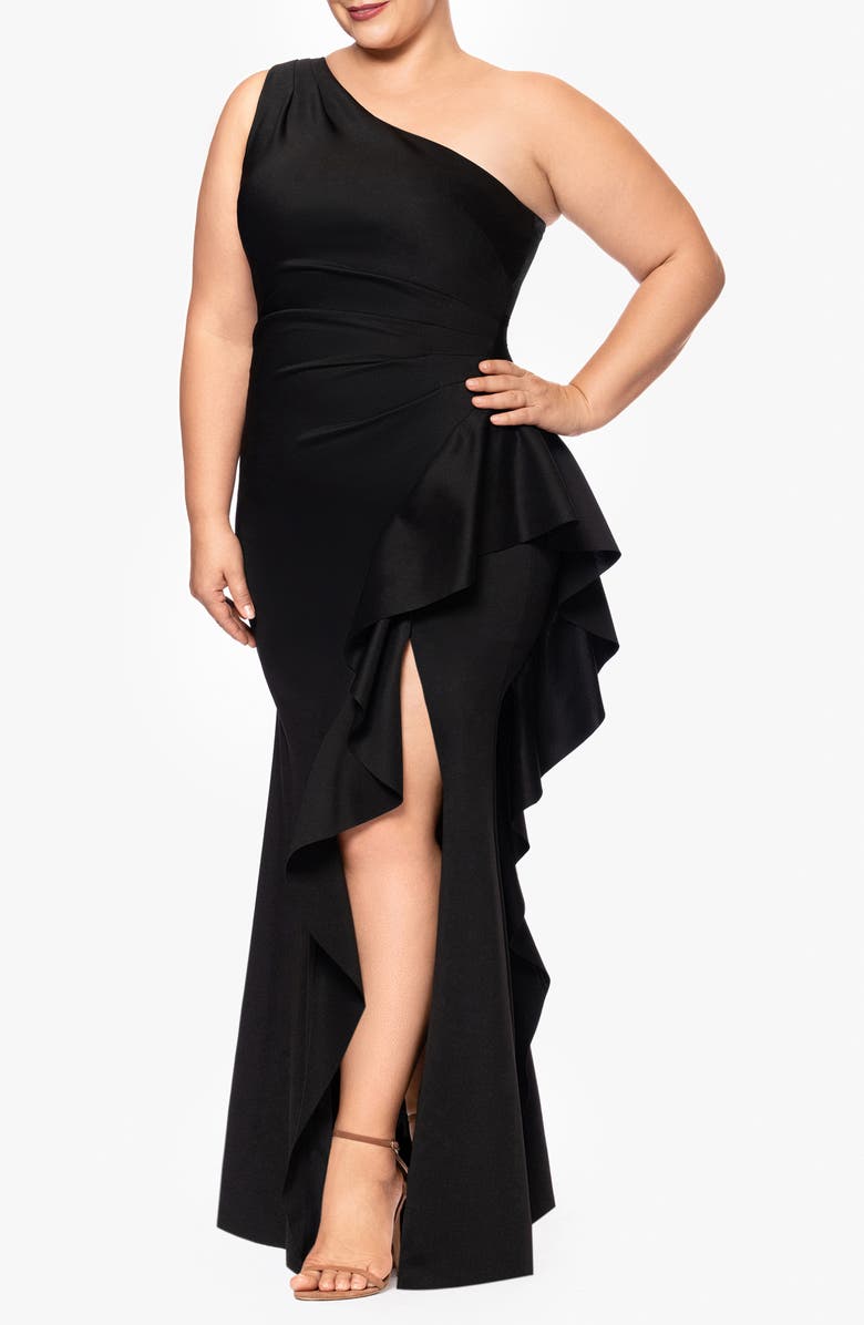 Xscape Evenings One-Shoulder Ruffle Scuba Knit Gown, Alternate, color,