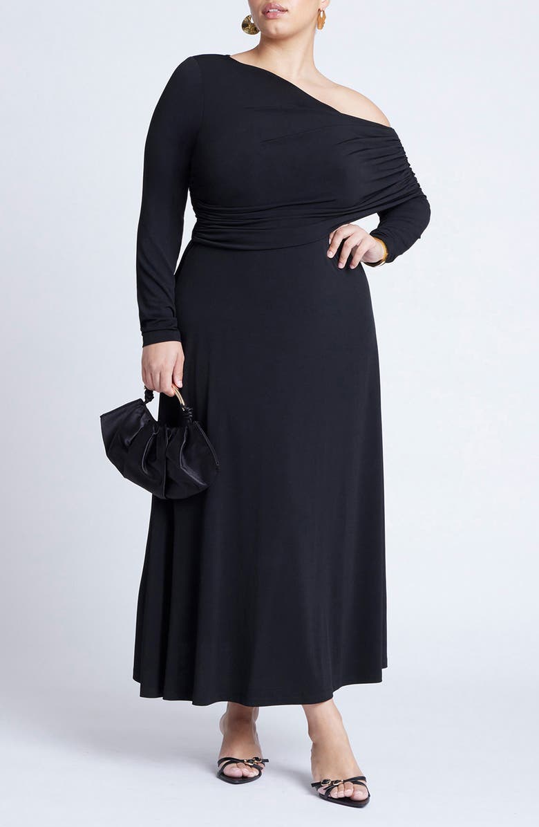 ELOQUII Shirred One-Shoulder Long Sleeve Dress, Main, color, 