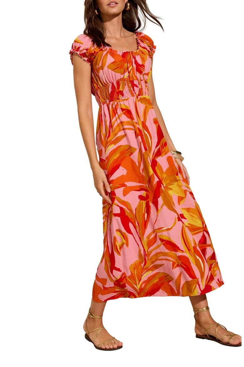 Ruffle Square Neck Smocked Waist Maxi Sundress, Alternate, color, ORANGE