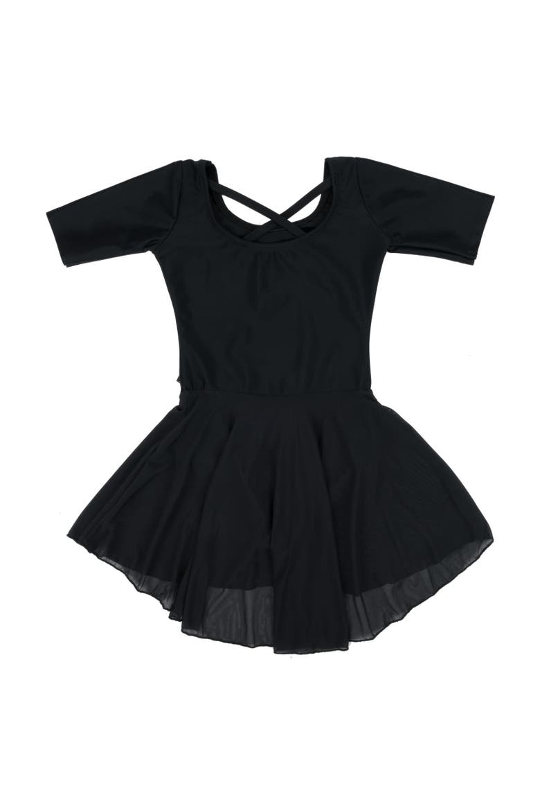 Girls Short Sleeve Skirted Leotard, Alternate, color, BLACK