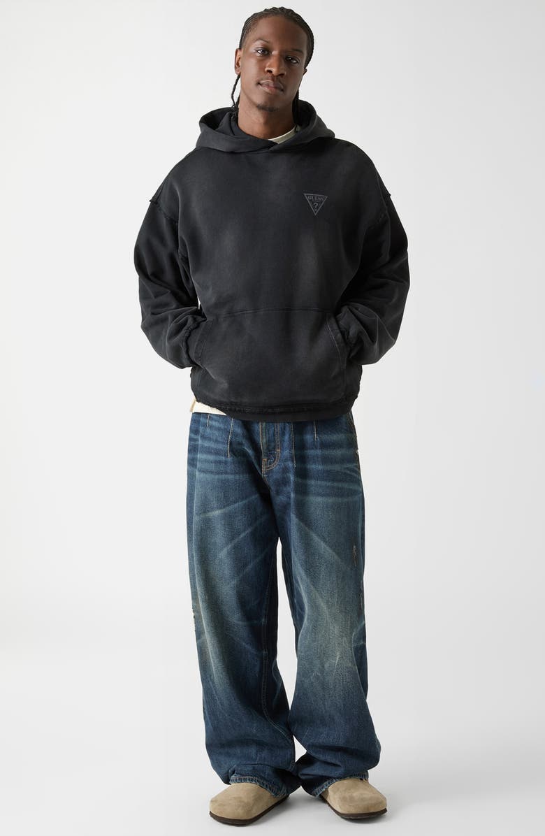 GUESS ORIGINALS Logo Frayed Boxy Cotton Hoodie, Alternate, color, Black