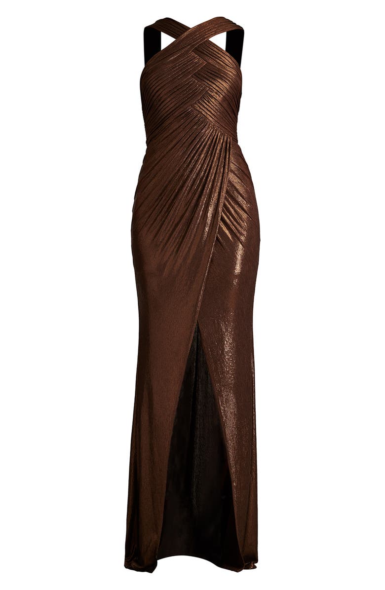 Tadashi Shoji Metallic Cross Neck Sheath Gown, Alternate, color, 