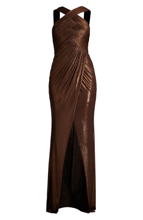 Tadashi Shoji Jessa Metallic Crisscross Draped Halter Gown In Bark