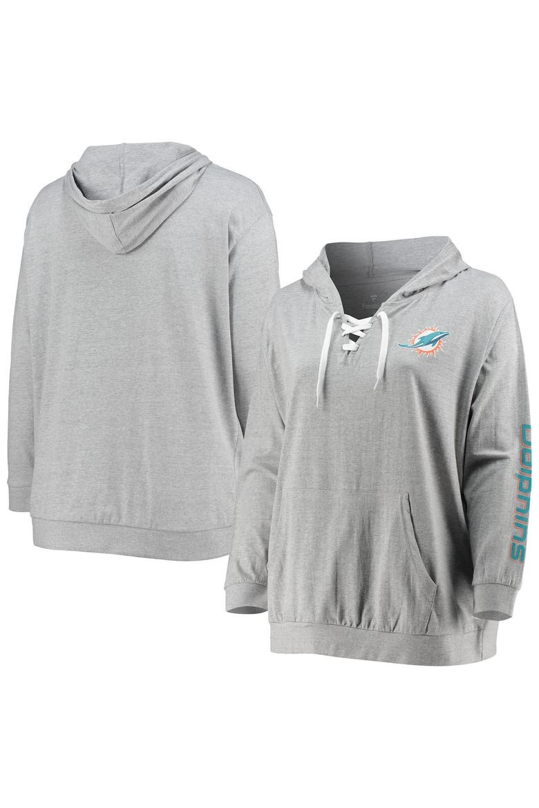 Women's Fanatics Branded Heathered Gray Miami Dolphins Plus Size Lace-Up Pullover Hoodie, Main, color, Heather Gray