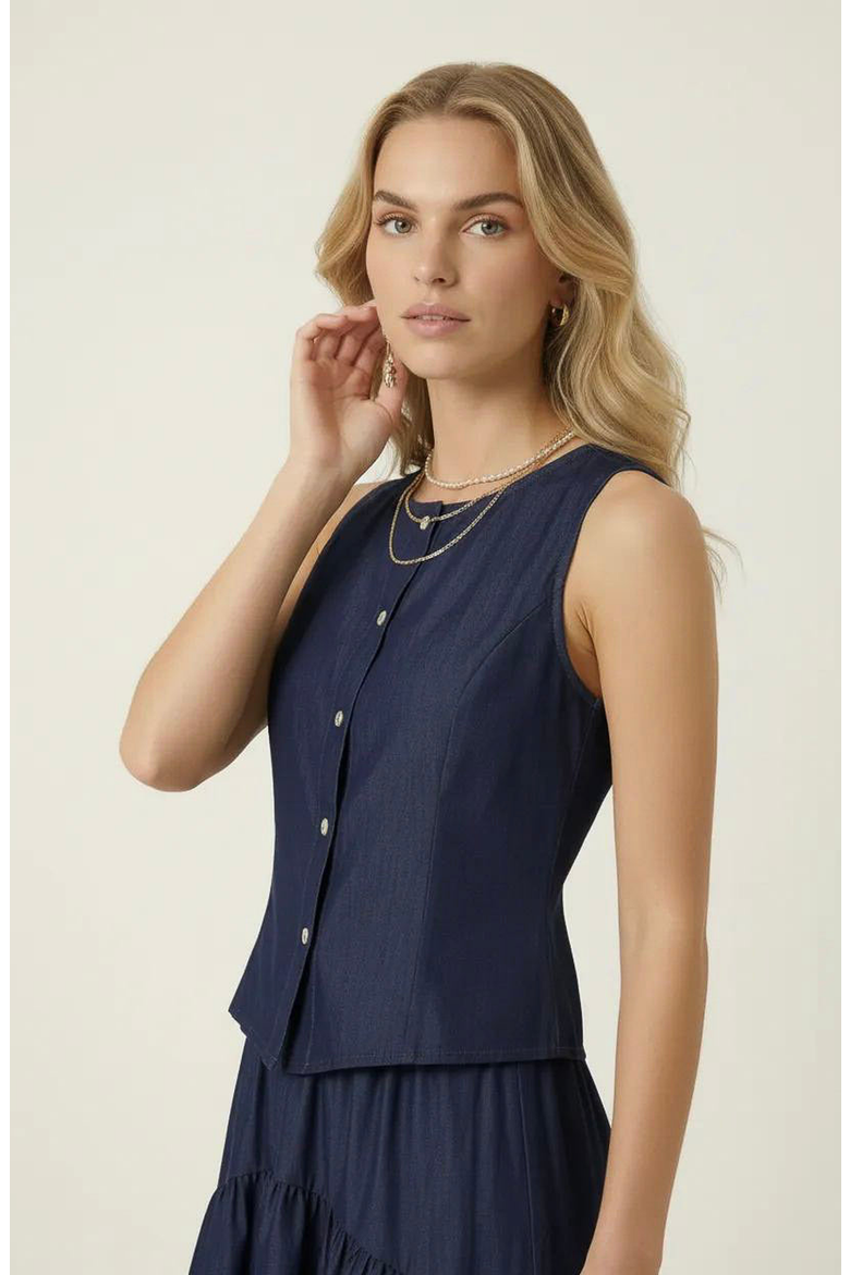 Sleeveless Structured Top and Tiered Midi Skirt Set, Alternate, color, Navy Blue
