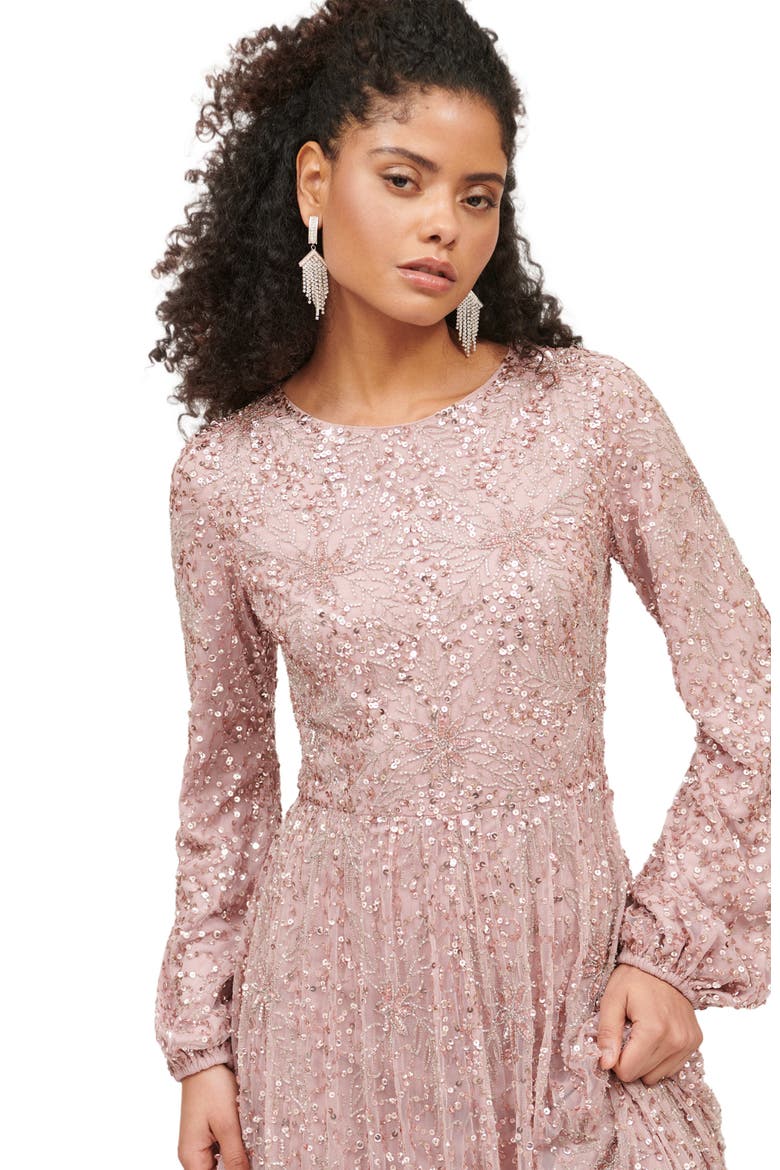 Occasion Modest Embellished Sequin Beaded Floral Evening Dress, Alternate, color, FROSTED PINK