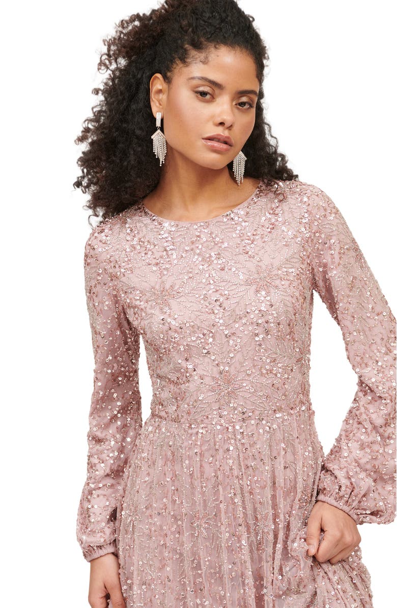 MARYISA Occasion Modest Embellished Sequin Beaded Floral Evening Dress, Alternate, color, Frosted Pink