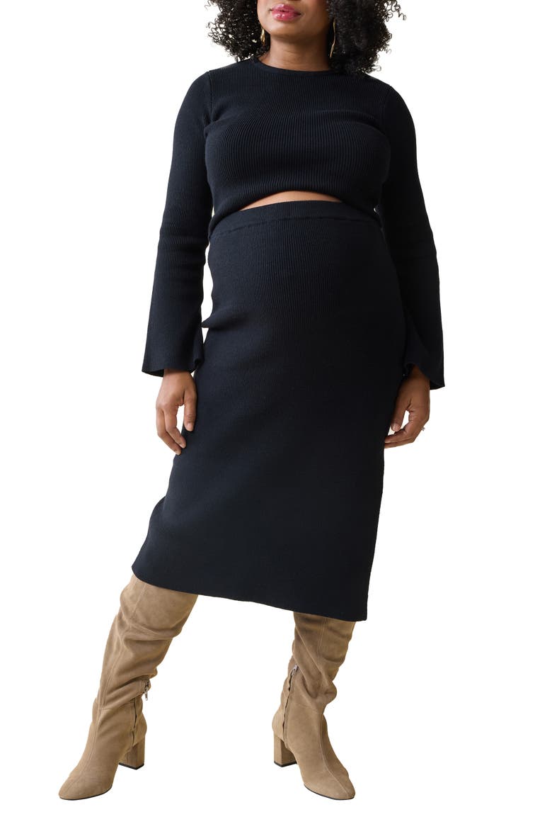 Bell Sleeve Crop Sweater & High-Waist Maternity Skirt Set, Main, color, BLACK