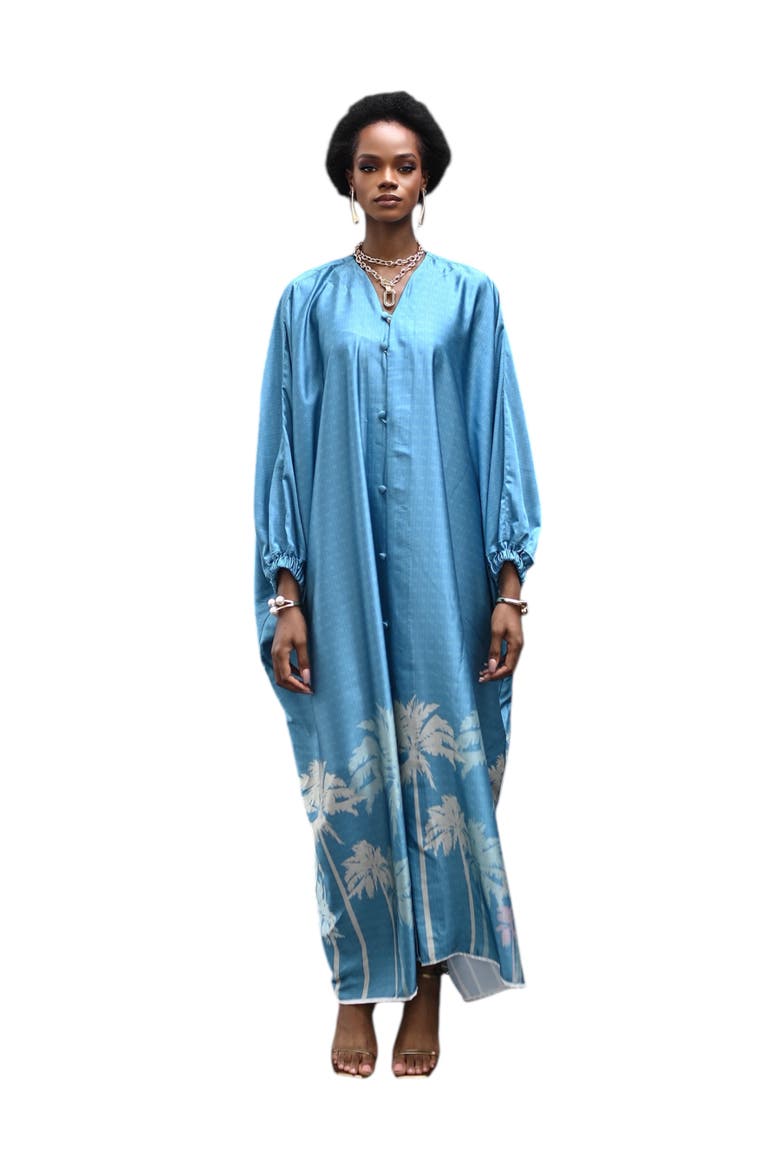 Azure Palm Print Caftan, Alternate, color, Turquoise Blue