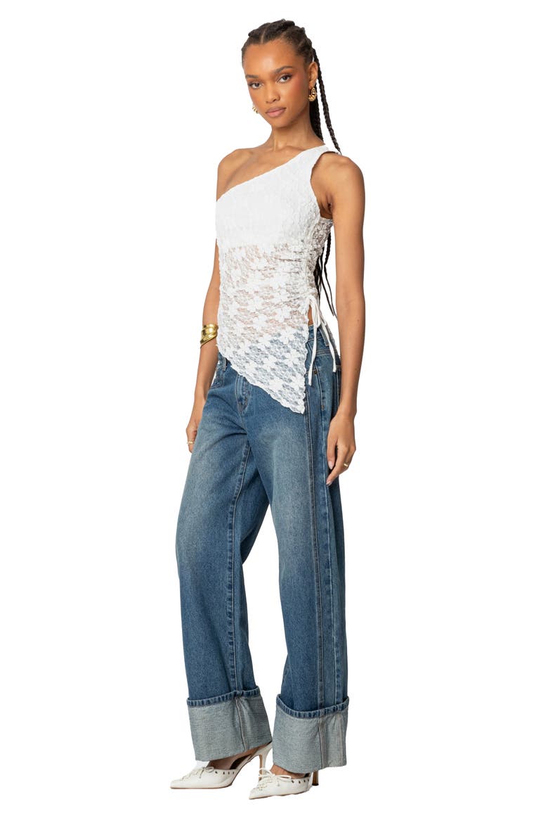 Sheer Lace One-Shoulder Asymmetric Top, Alternate, color, WHITE