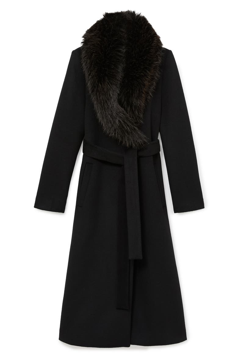 Francesca Faux Fur Collar Wool Blend Belted Coat, Alternate, color, BLACK