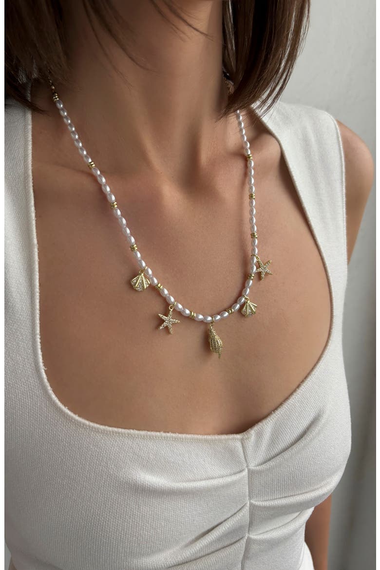 14K Gold Plated Faux Pearl Shell Charm Necklace, Alternate, color, GOLD/ WHITE