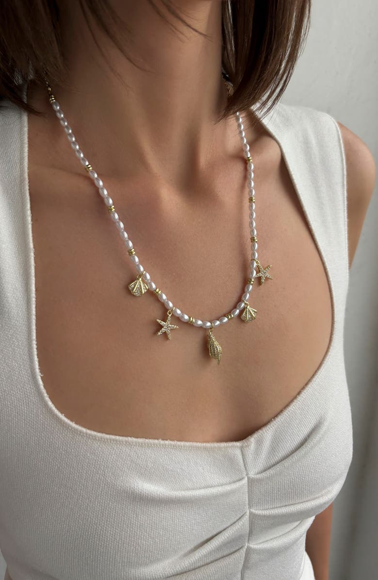 Adornia 14K Gold Plated Faux Pearl Shell Charm Necklace, Alternate, color, 