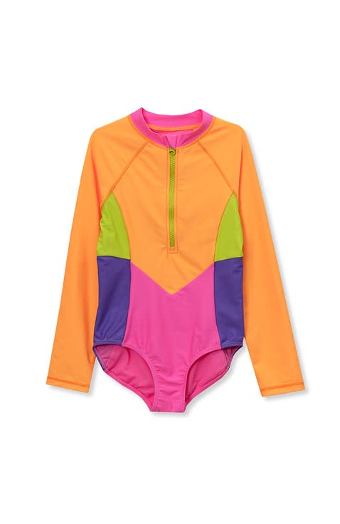 Girls Long Sleeve Half Zip One Piece UPF 50 Swimsuit