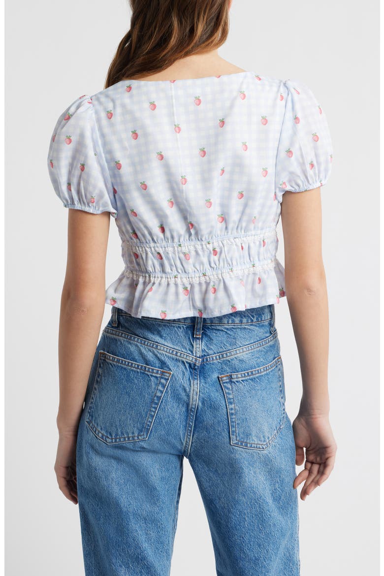 Gingham Strawberry Tie Front Crop Top, Alternate, color, BLUE GINGHAM